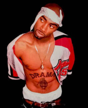 Causin Drama, Left right Left Album Cover, Photo from Drama's "Causin' Drama" album cover. He's wearing a bandana, Avirex, and the Drama grenade. Tupac Shakur, 2 Pac, All Eyez on Me, Revelation